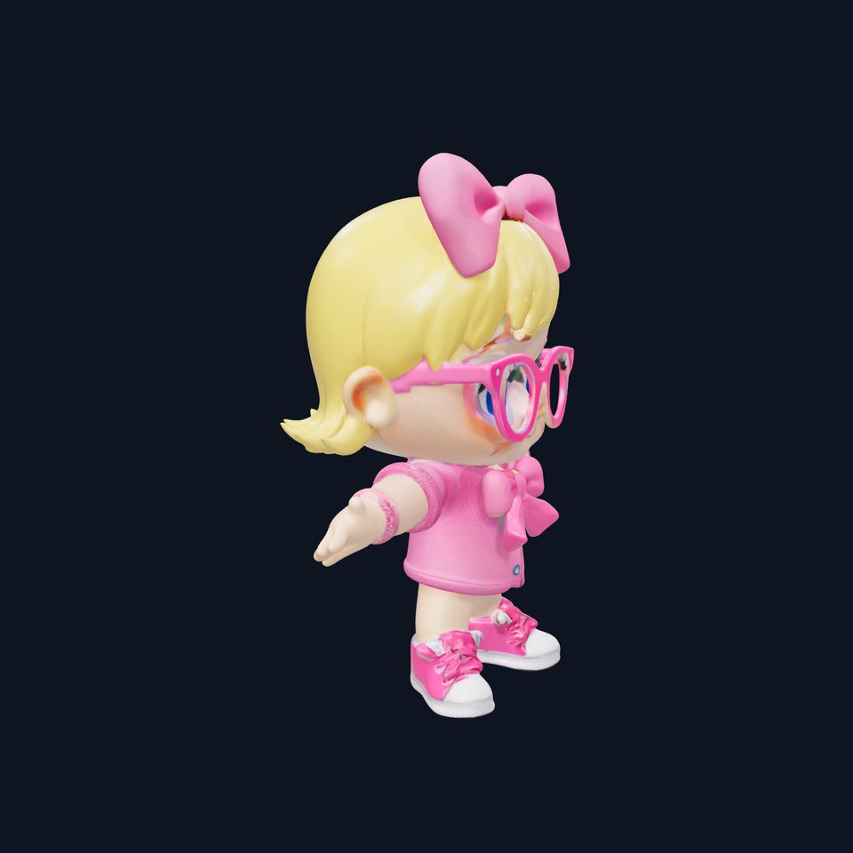 Pink Bow Kid Rigged and Animated D Character Model